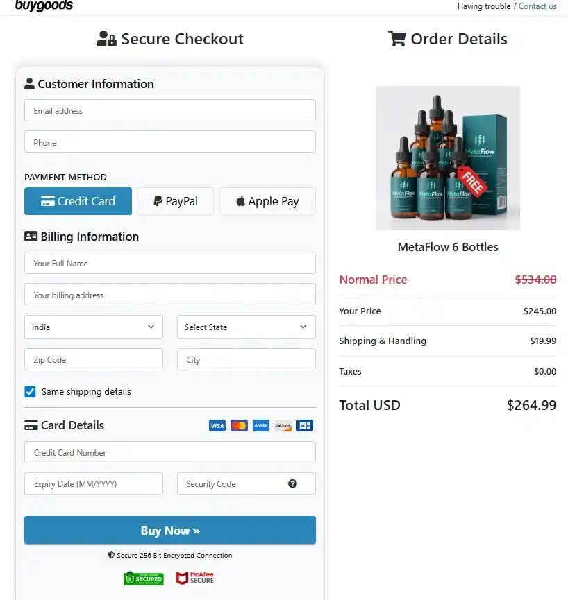 MetaFlow Order Page